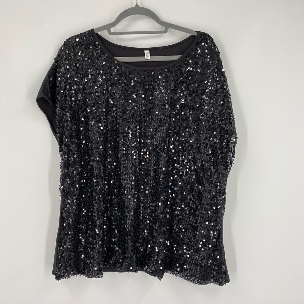 In’Voland Women’s Round Neck Short Cap Sleeve Sequin Blouse Black size 24W